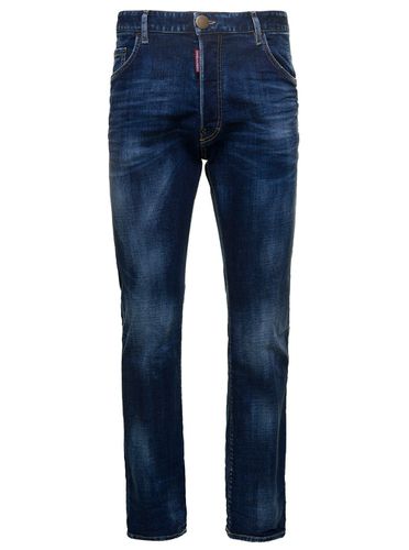 Blue Straight Jeans With Logo Patch And Faded Effect In Stretch Cotton Denim Man - Dsquared2 - Modalova