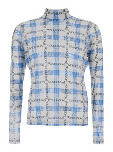 J. W. Anderson Light Blue Turtleneck T-shirt With All-over Check Motif And All-over Logo Print In Tech Fabric Stretch Man - J.W. Anderson - Modalova