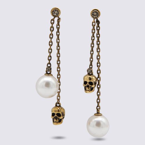 Antique Gold Metal And Pearl Skull Chain Earrings - Alexander McQueen - Modalova