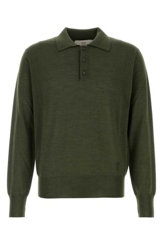 Olive Green Wool Blend Polo Shirt - Ami Alexandre Mattiussi - Modalova