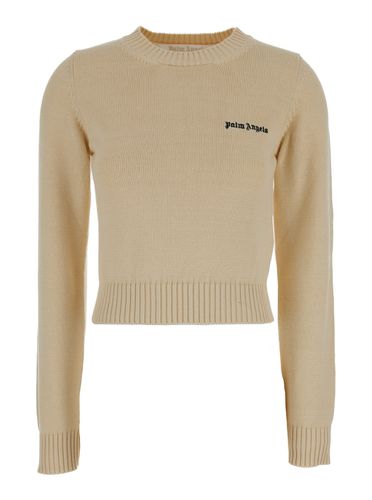Cream White Crewneck Sweater With Embroidered Logo In Cotton Woman - Palm Angels - Modalova