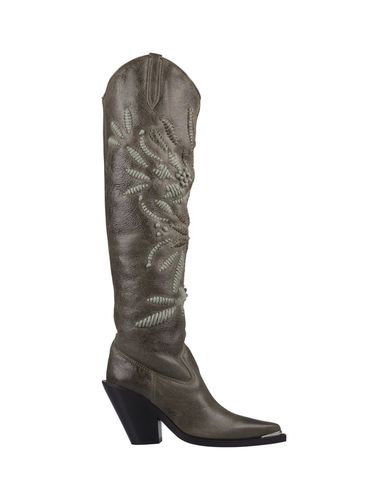 High Texan Boots In Military Crocodile Print Leather With Embroidery - Ermanno Scervino - Modalova