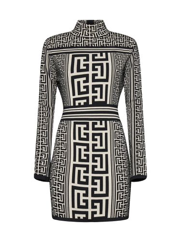 High Neck Knitted Short Dress With Monogram - Balmain - Modalova