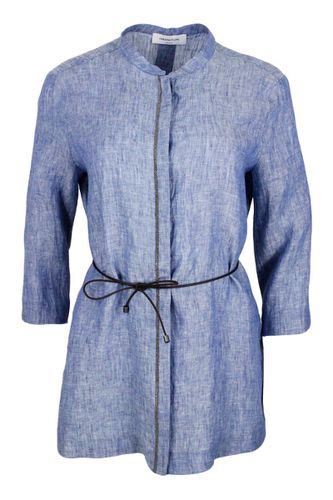 Long Linen Shirt With Leather Belt And Embellished With Brilliant Jewels Along The Buttoning - Fabiana Filippi - Modalova
