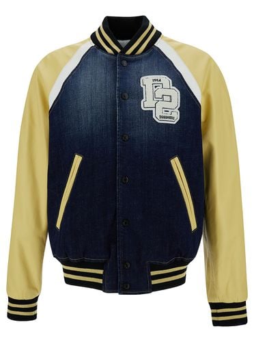 College Yellow And Blue Varsity Jacket With Logo Patch And Contrasting Sleeves In Stretch Cotton Man - Dsquared2 - Modalova