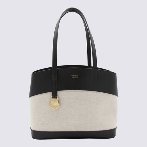 Black Leather And Beige Canvas Tote Bag - Ferragamo - Modalova