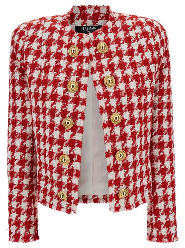 White And Jacket With Houndstooth Motif And Jewel Buttons In Tweed Woman - Balmain - Modalova