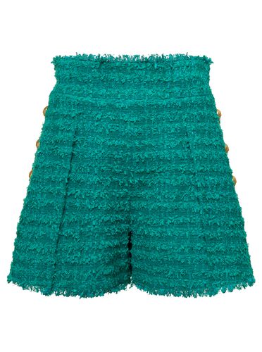 Green Shorts High Waist With Pinces And Fringed Hem In Tweed Woman - Balmain - Modalova