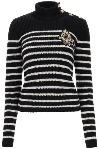 Striped Sweater With Logo Patch - Balmain - Modalova