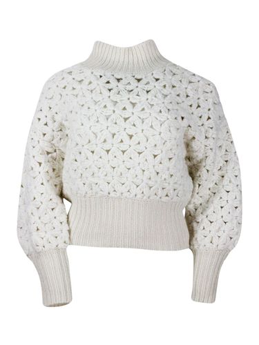 Long-sleeved High-neck Sweater In Soft And Precious Wool, Silk And Cashmere With Flower Processing And Hand-made And Embellished With Micro-sequins - Fabiana Filippi - Modalova