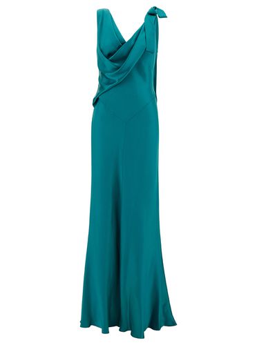 Blue Long Draped Dress With V Neckline In Satin Woman - Alberta Ferretti - Modalova