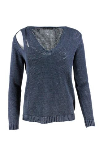 V-neck Sweater In Cotton And Linen With Woven Sequins Open On The Shoulder - Fabiana Filippi - Modalova