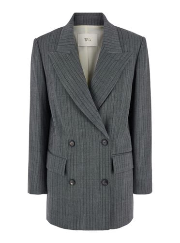 Giuggiola Double-breasted Jacket With Peak Revers And All-over Striped Motif In Wool Blend Stretch Woman - Tela - Modalova