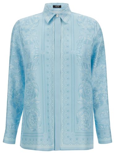 Light Blue Shirt With Tonal Barocco Print In Silk Woman - Versace - Modalova