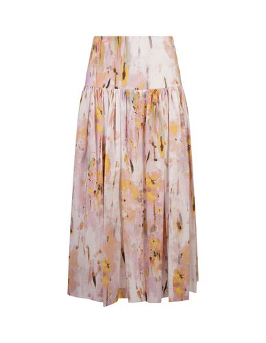 Flared Midi Skirt In Poplin With artsy Flower Print - MSGM - Modalova