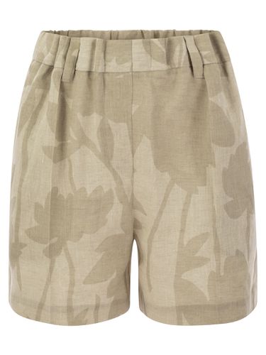 Gathered Waist Shorts In Lexivé Linen Ramage Print Canvas - Brunello Cucinelli - Modalova