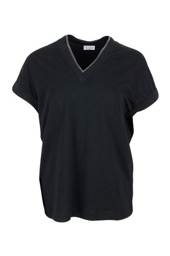 Short-sleeved T-shirt In Stretch Cotton With V-neckline Trimmed With Jewels - Brunello Cucinelli - Modalova