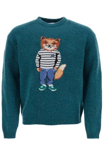 Green Wool Sweater With Fox Intarsia - Maison Kitsuné - Modalova