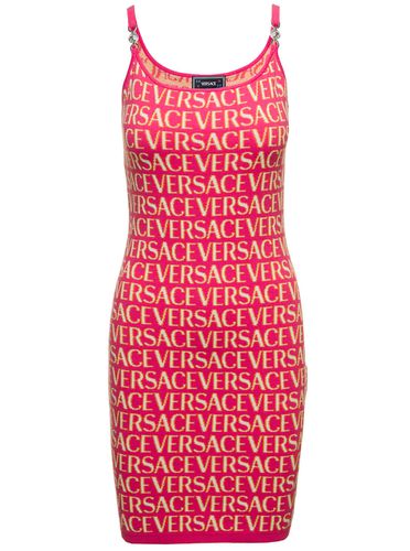 Mini Fuchsia Dress With All-over Logo Lettering Print And Medusa Detail In Cotton Blend Woman - Versace - Modalova