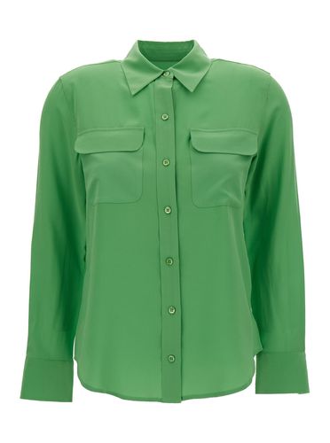 Green Satin Slim Signature Shirt In Silk Woman - Equipment - Modalova