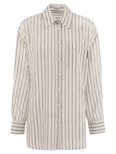 Cotton-silk Organza Stripe Shirt With Shiny Tab - Brunello Cucinelli - Modalova