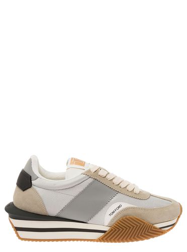 James Beige And Silver Low Top Sneakers With Logo Detail In Lycra And Suede Man - Tom Ford - Modalova