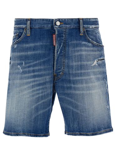 Marine Bermuda Shorts With Logo Patch In Stretch Cotton Denim Man - Dsquared2 - Modalova