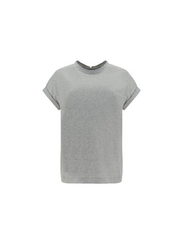 Short-sleeved T-shirt In Elasticized Stretch Cotton With A Crew Neck Edged With Jewels - Brunello Cucinelli - Modalova