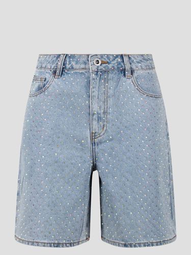 Light Bermuda Shorts With All-over Rhinestones In Cotton Denim Woman - self-portrait - Modalova