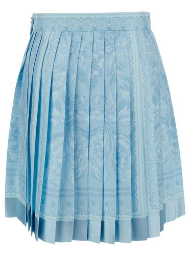 Mini Light Blue Pleated Skirt With Tonal Barocco Print In Silk Woman - Versace - Modalova