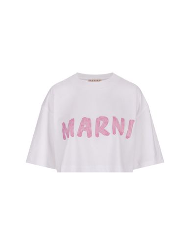 Crop T-shirt With Pink Brushed Logo - Marni - Modalova