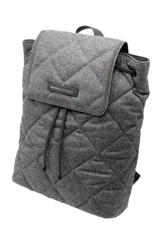 Backpack With Diamond Pattern In Wool And Leather Embellished With Rows Of Jewels - Brunello Cucinelli - Modalova