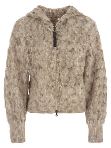 Fluffy Net Cardigan In Mohair, Wool And Cotton With Hood And Shiny Zipper Pull - Brunello Cucinelli - Modalova