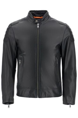 Black Leather Jacket With High Collar And Quilted Details - Hugo Boss - Modalova