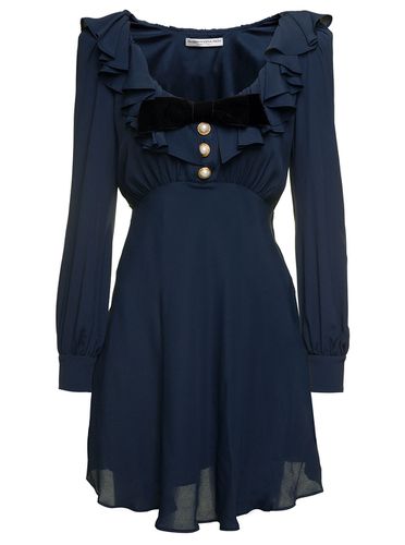 Blue Mini Dress With Volant Collar And Velvet Bow In Acette Blend Woman - Alessandra Rich - Modalova