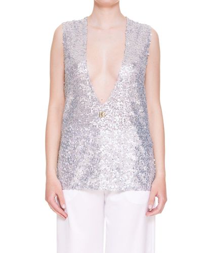 Glitter V-neck Sleeveless Top - Dolce & Gabbana - Modalova