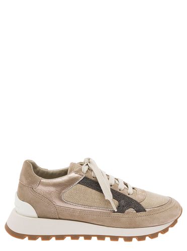 Beige Low Top Sneakers With Monile Detail In Leather And Suede Woman - Brunello Cucinelli - Modalova