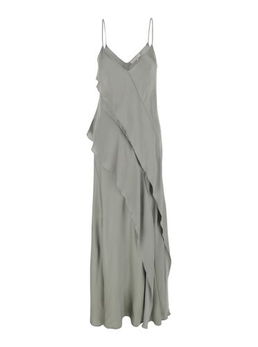 Luisiana Green Dress With Spaghetti Straps And Front Ruffle In Satin Woman - Antonelli - Modalova