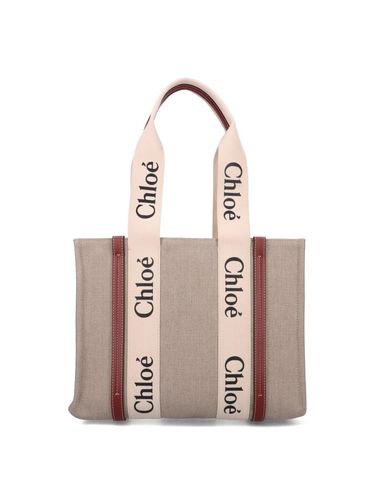 White And Brown Medium Woody Shopping Bag With Shoulder Strap - Chloé - Modalova