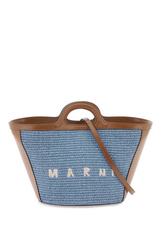 Small Tropicalia Summer Bag In Brown Leather And Light Blue Raffia - Marni - Modalova