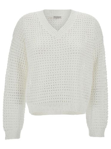 Pullover With V Neckline In Open-work Knit - Brunello Cucinelli - Modalova