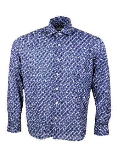Luxury Shirt In Soft, Precious And Very Fine Stretch Cotton Flower With Spread Collar In Small Micro-pattern Print With Small Triangles - Sonrisa - Modalova