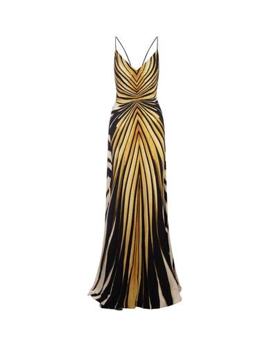 Silk Dress With Ray Of Gold Print - Roberto Cavalli - Modalova