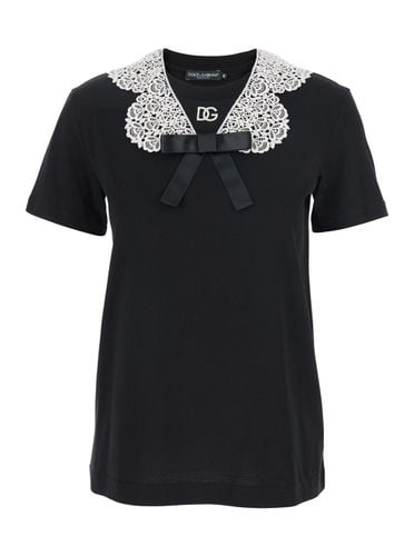 T-shirt With Bow On The Front And Lace Details In Cotton Woman - Dolce & Gabbana - Modalova