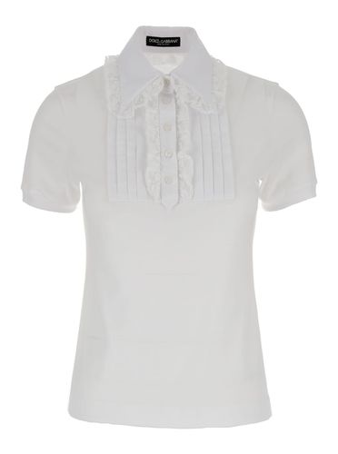 White Polo Shirt With Pleated Plastron In Cotton Blend Woman - Dolce & Gabbana - Modalova