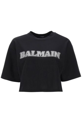 Rhinestone Logo Crop T-shirt - Balmain - Modalova