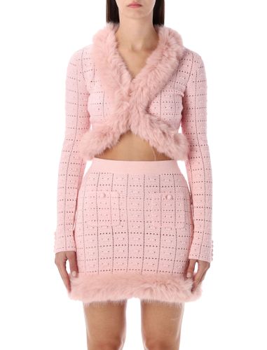 Knit Cropped Cardigan With Faux Fur Collar - self-portrait - Modalova