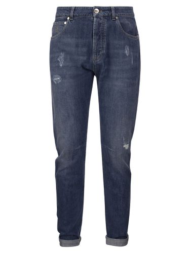 Five-pocket Leisure Fit Trousers In Old Denim With Rips - Brunello Cucinelli - Modalova