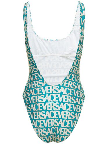 Blue One-piece Swimsuit With All-over Logo Lettering Print In Stretch Tech Fabric Woman - Versace - Modalova
