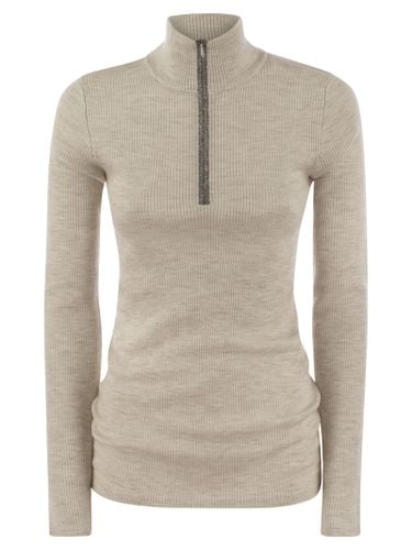 Lightweight Ribbed Virgin Wool And Cashmere Sweater With Precious Half Zip - Brunello Cucinelli - Modalova